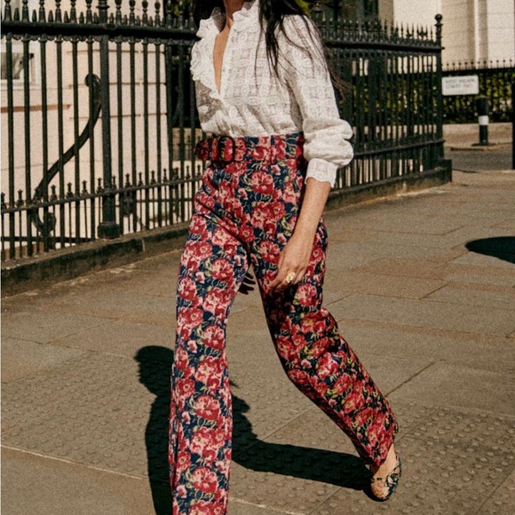 New With Tags Sezane Lukas Red Floral Straight Leg Pants - Picture 3 of 3